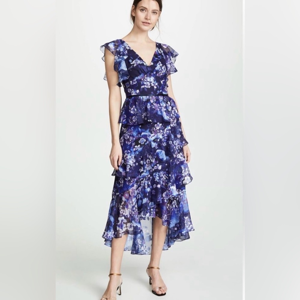 Marchesa Notte Sleeveless Floral Ruffles Chiffon Dress Size 0